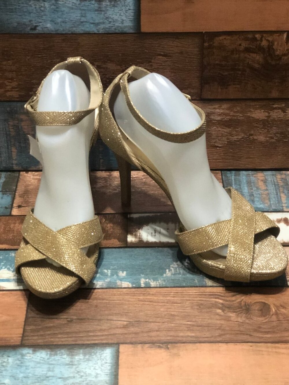 FIONI Stiletto Women's Size 11 Gold Shimmering Heels Ankle Strap Open Toes
